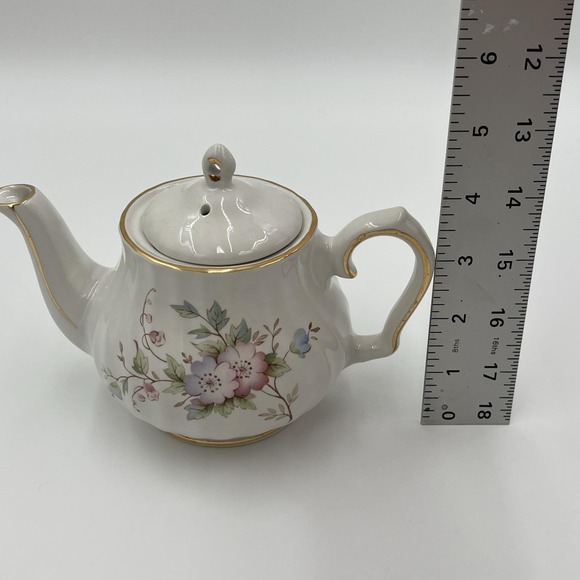 Royal Oak Mini Teapot White Floral Porcelain Gold Trim Ribbed Small Tea Pot - Picture 15 of 15
